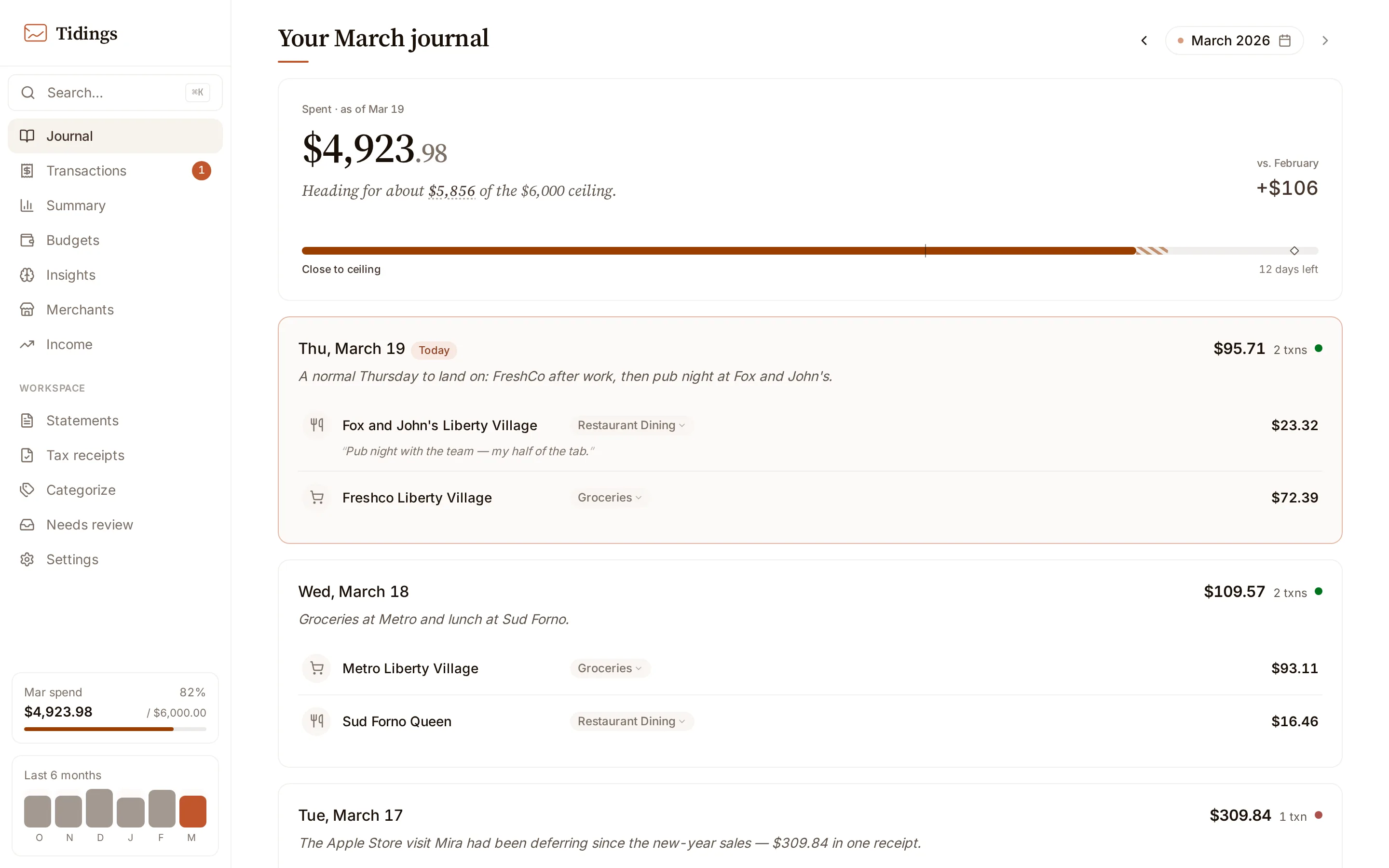 The Tidings journal — a month of transactions grouped by day, with category pills and a budget summary